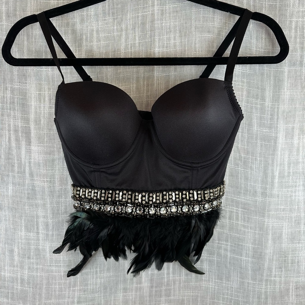 Bebe Black Feathered Crop Top with Rhinestone Trim